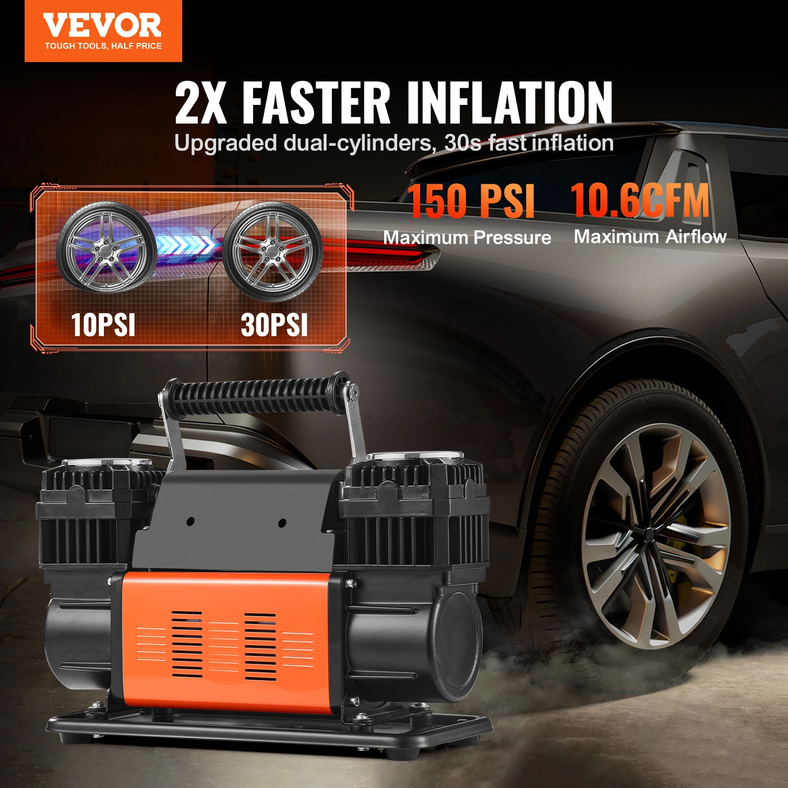 SucceBuy Tire Inflator Compressor 6-10 CFM Heavy Duty Air Compressor Dual-Cylinder 150PSI Air Pump - Image 2