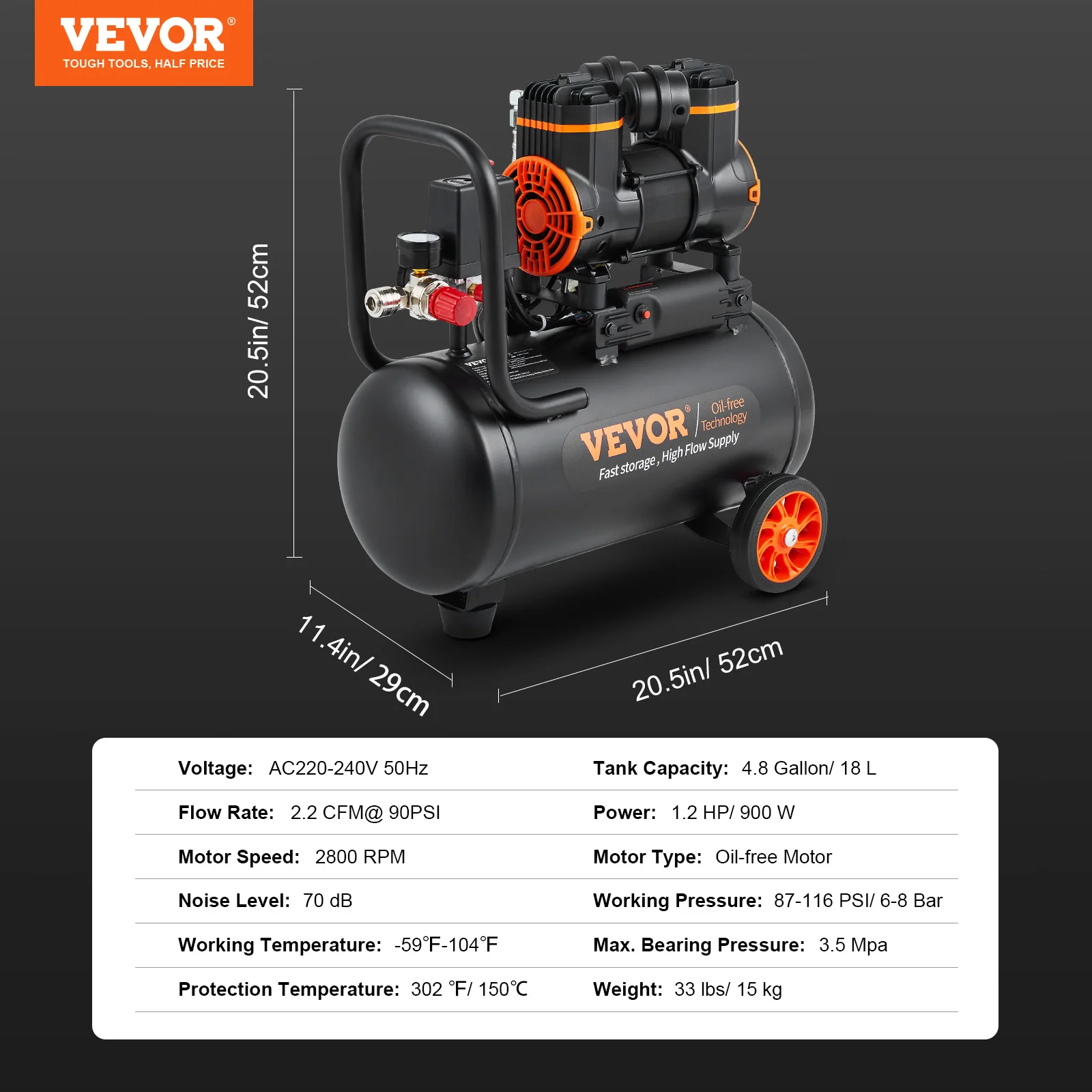 VEVOR Silent Air Compressor 900W 1450W 1800W Quiet Oil-free Portable Air Pump - Image 10