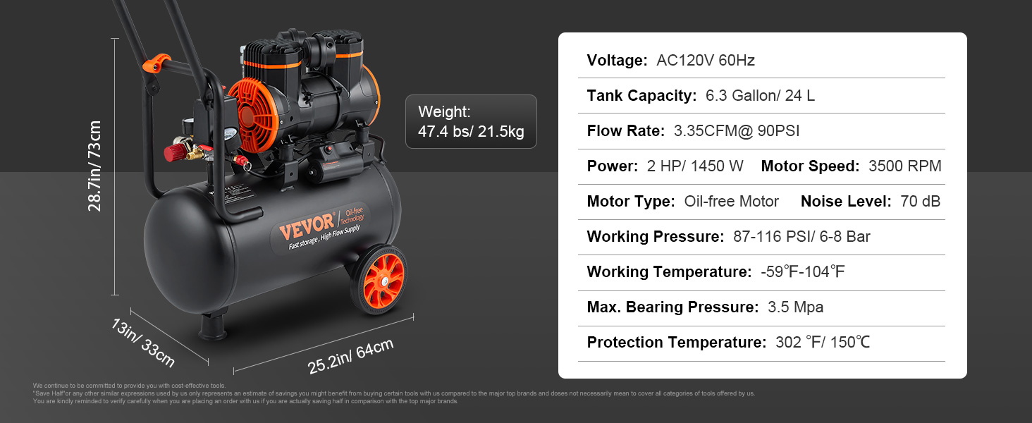VEVOR Silent Air Compressor 900W 1450W 1800W Quiet Oil-free Portable Air Pump - Image 25