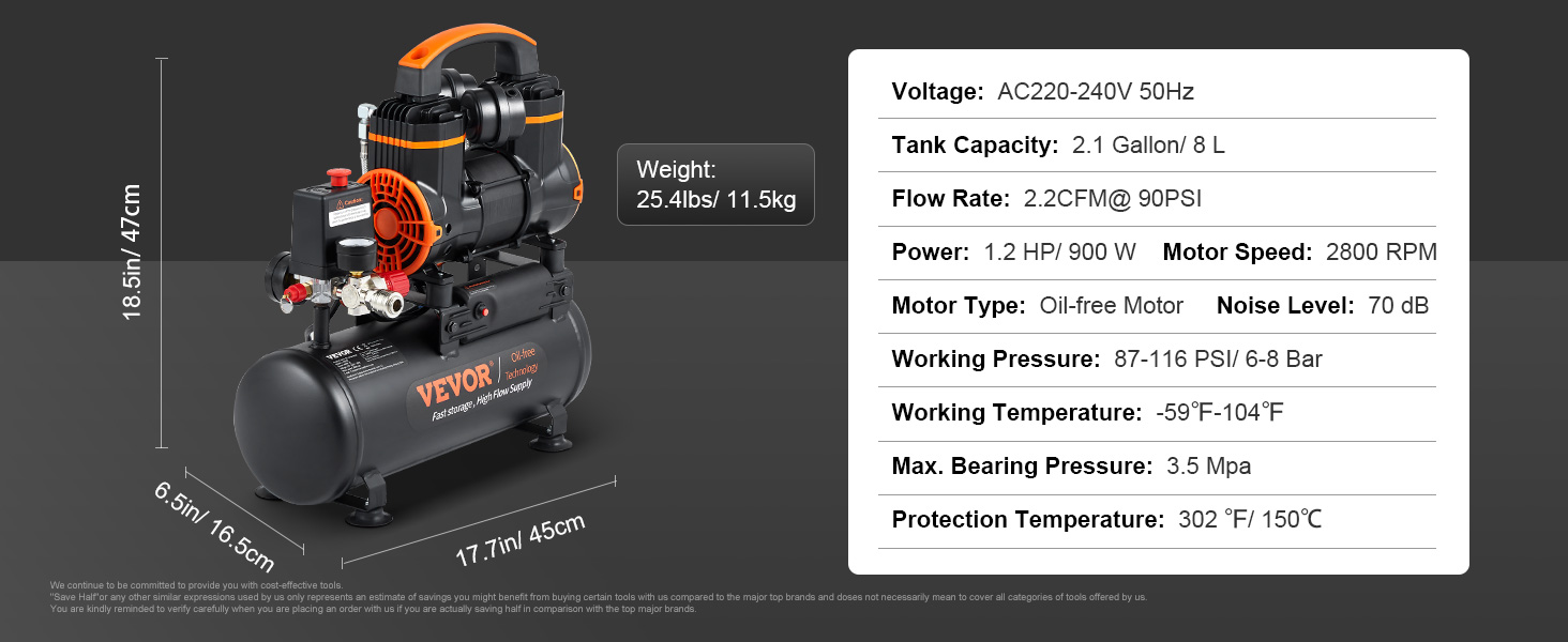 VEVOR Silent Air Compressor 900W 1450W 1800W Quiet Oil-free Portable Air Pump - Image 23